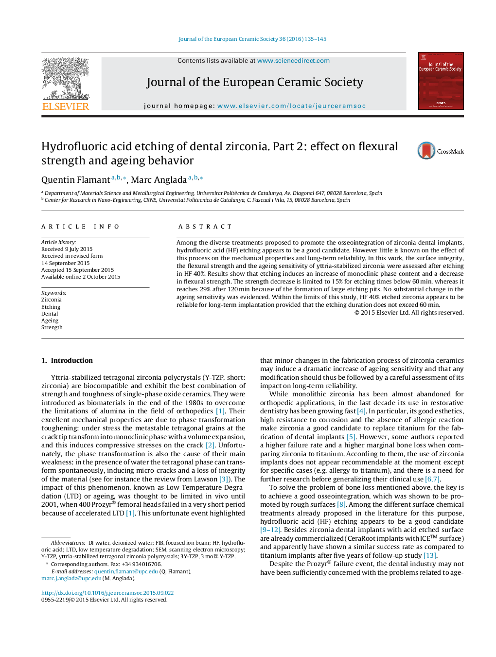 Hydrofluoric acid etching of dental zirconia. Part 2: effect on flexural strength and ageing behavior