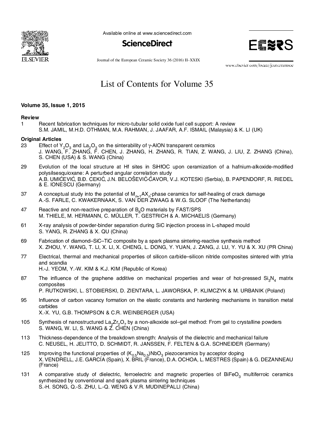 List of Contents for Volume 35