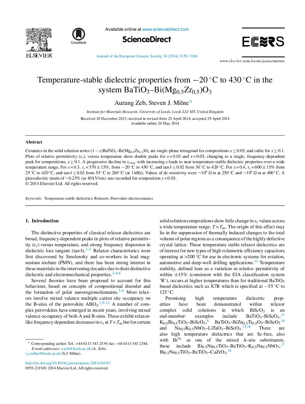 Temperature-stable dielectric properties from −20 °C to 430 °C in the system BaTiO3–Bi(Mg0.5Zr0.5)O3