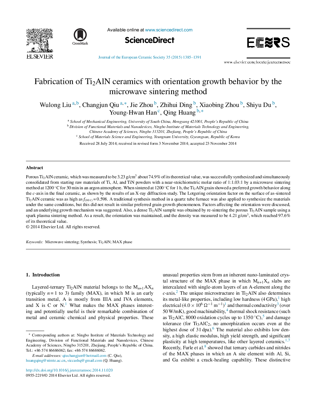 Fabrication of Ti2AlN ceramics with orientation growth behavior by the microwave sintering method