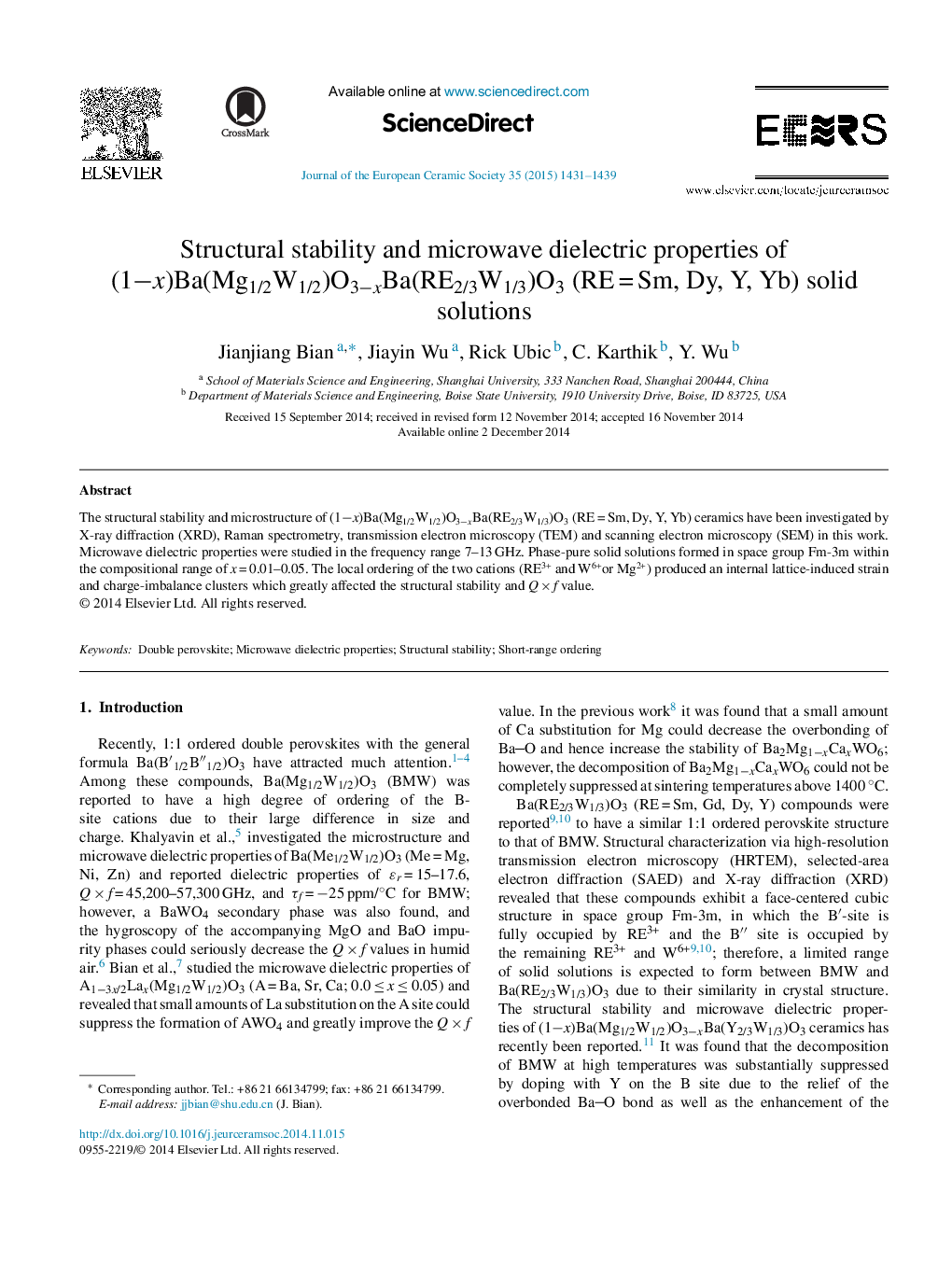 Structural stability and microwave dielectric properties of (1−x)Ba(Mg1/2W1/2)O3−xBa(RE2/3W1/3)O3 (RE = Sm, Dy, Y, Yb) solid solutions