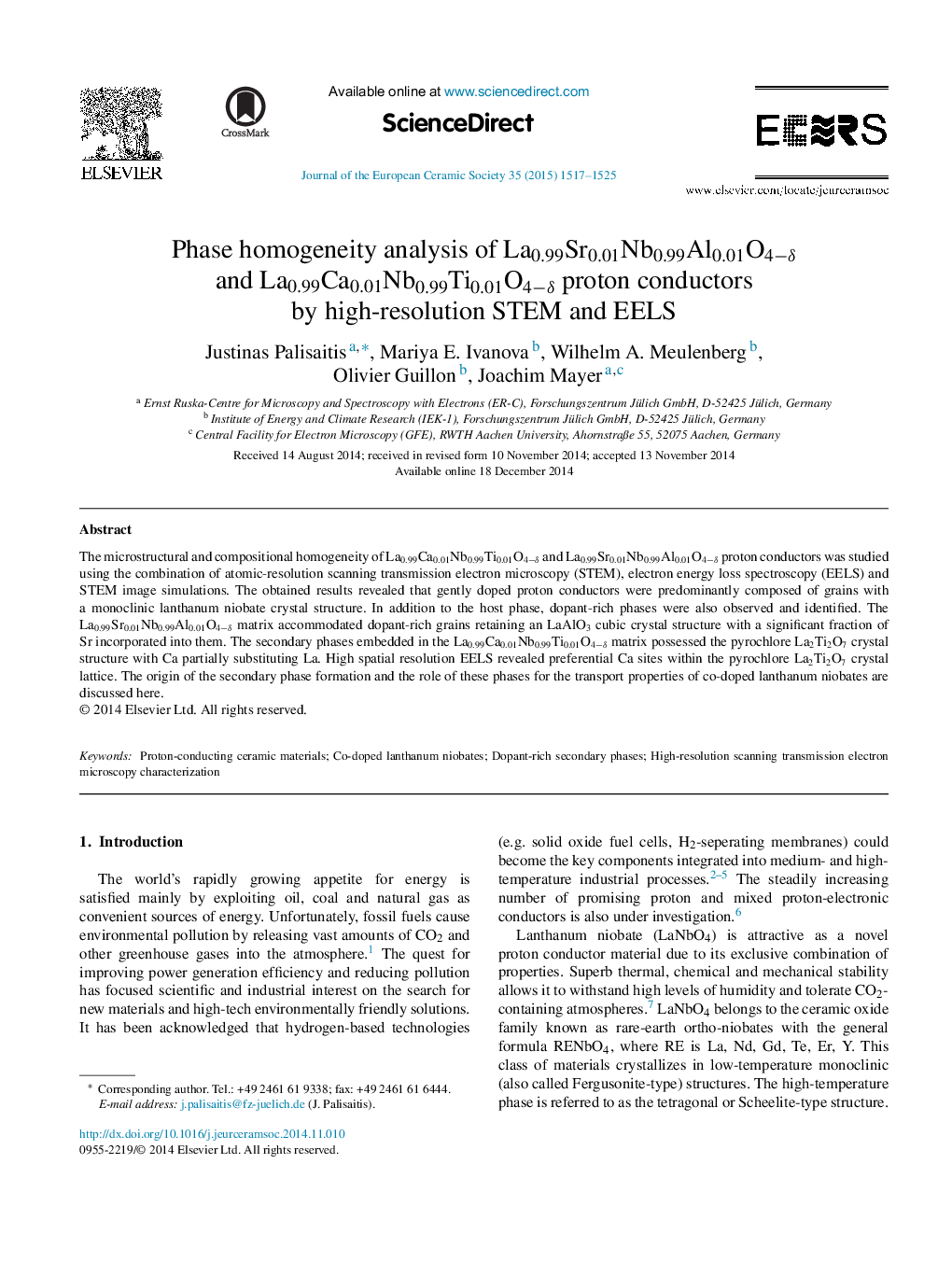 عکس صفحه اول مقاله: Phase homogeneity analysis of La0.99Sr0.01Nb0.99Al0.01O4−δ and La0.99Ca0.01Nb0.99Ti0.01O4−δ proton conductors by high-resolution STEM and EELS Phase homogeneity analysis of La0.99Sr0.01Nb0.99Al0.01O4−δ and La0.99Ca0.01Nb0.99Ti0.01O4−δ proton conductors by high-resolution STEM and EELS