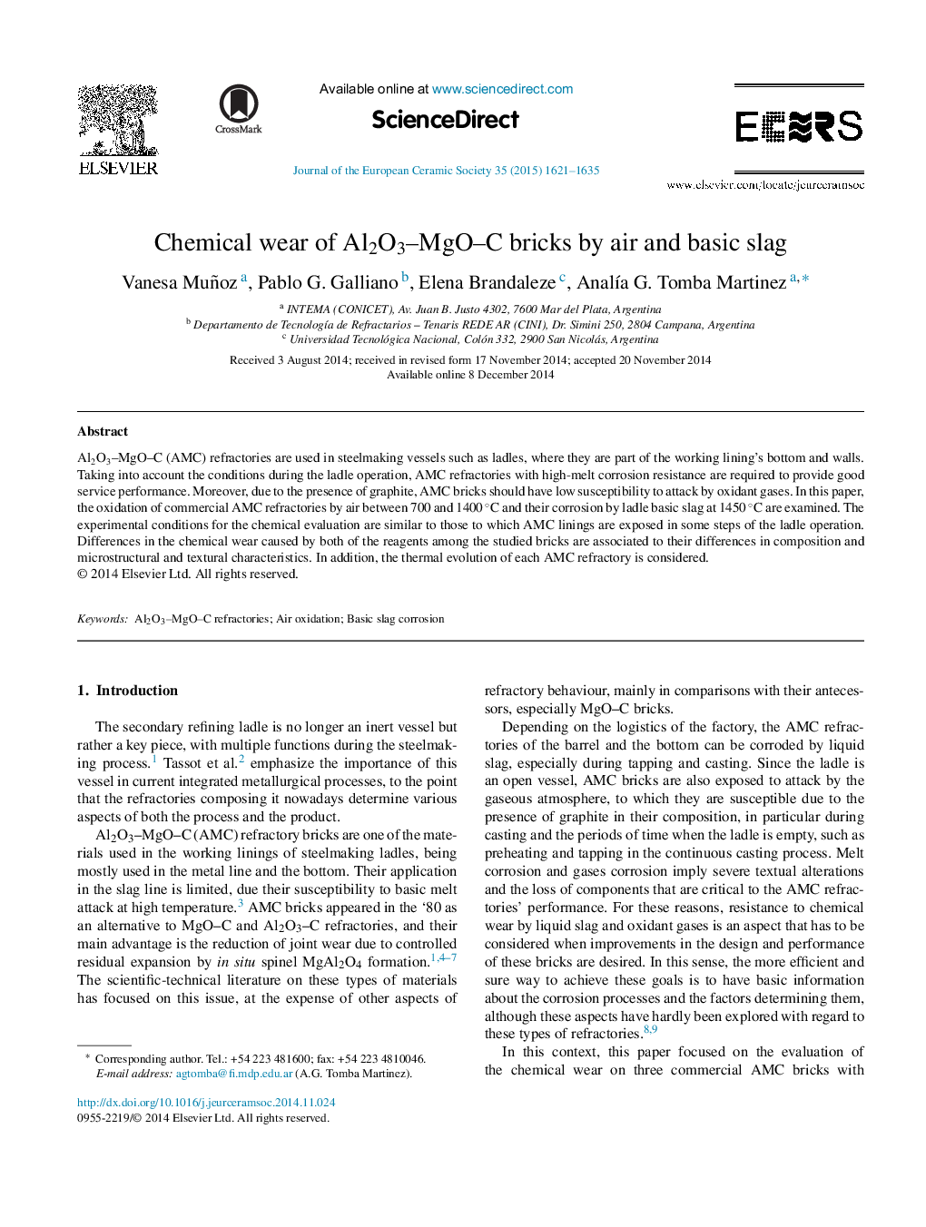 Chemical wear of Al2O3–MgO–C bricks by air and basic slag