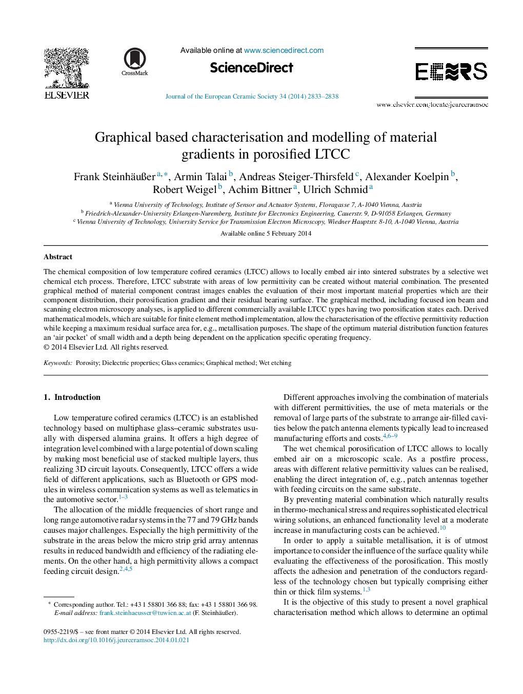 عکس صفحه اول مقاله: Graphical based characterisation and modelling of material gradients in porosified LTCC Graphical based characterisation and modelling of material gradients in porosified LTCC