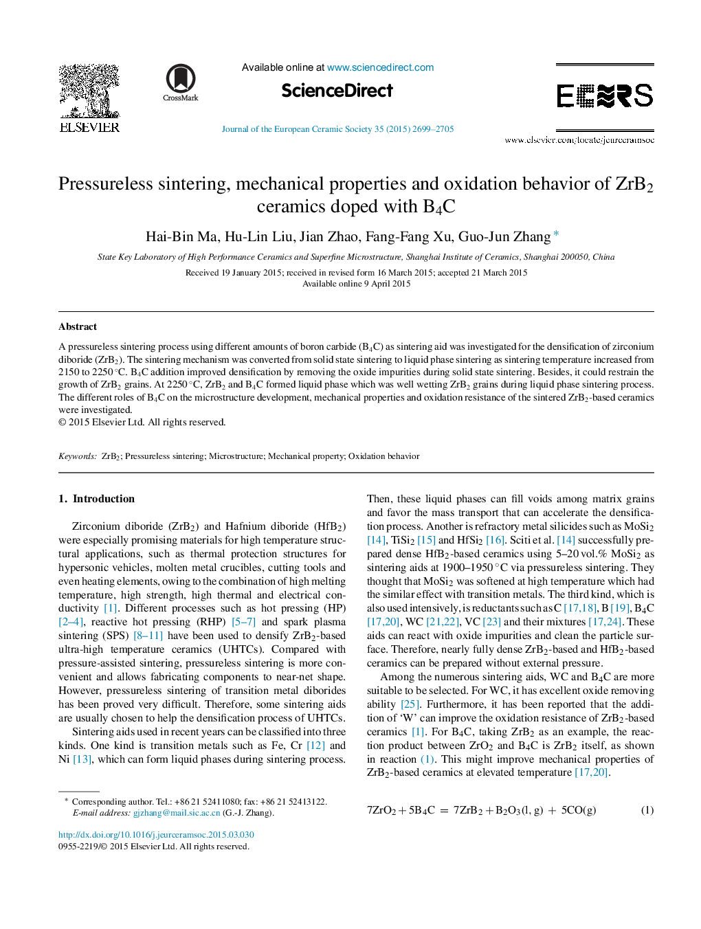 Pressureless sintering, mechanical properties and oxidation behavior of ZrB2 ceramics doped with B4C