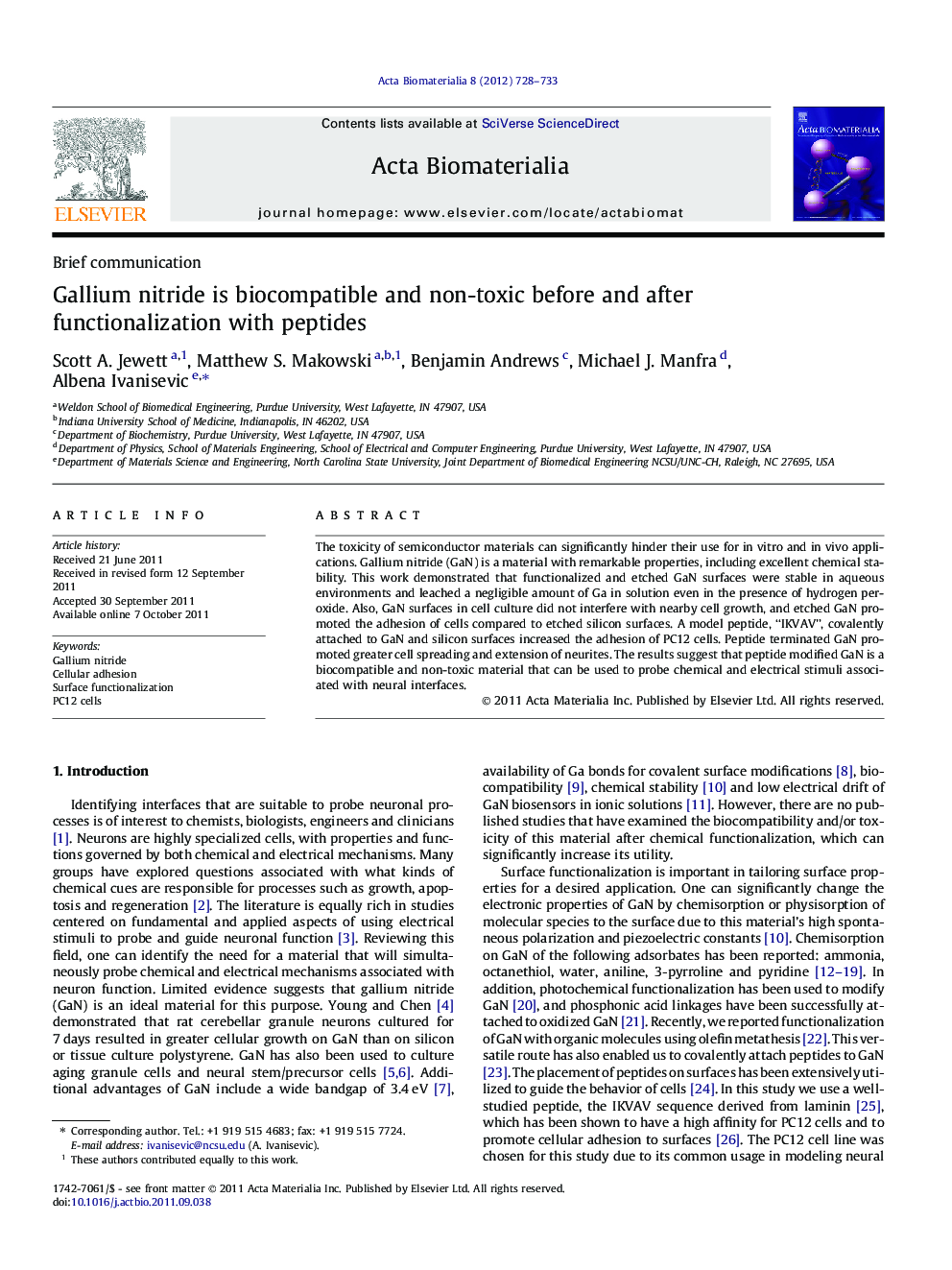 Gallium nitride is biocompatible and non-toxic before and after functionalization with peptides