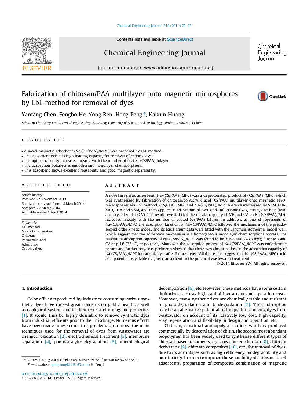 عکس صفحه اول مقاله: Fabrication of chitosan/PAA multilayer onto magnetic microspheres by LbL method for removal of dyes Fabrication of chitosan/PAA multilayer onto magnetic microspheres by LbL method for removal of dyes