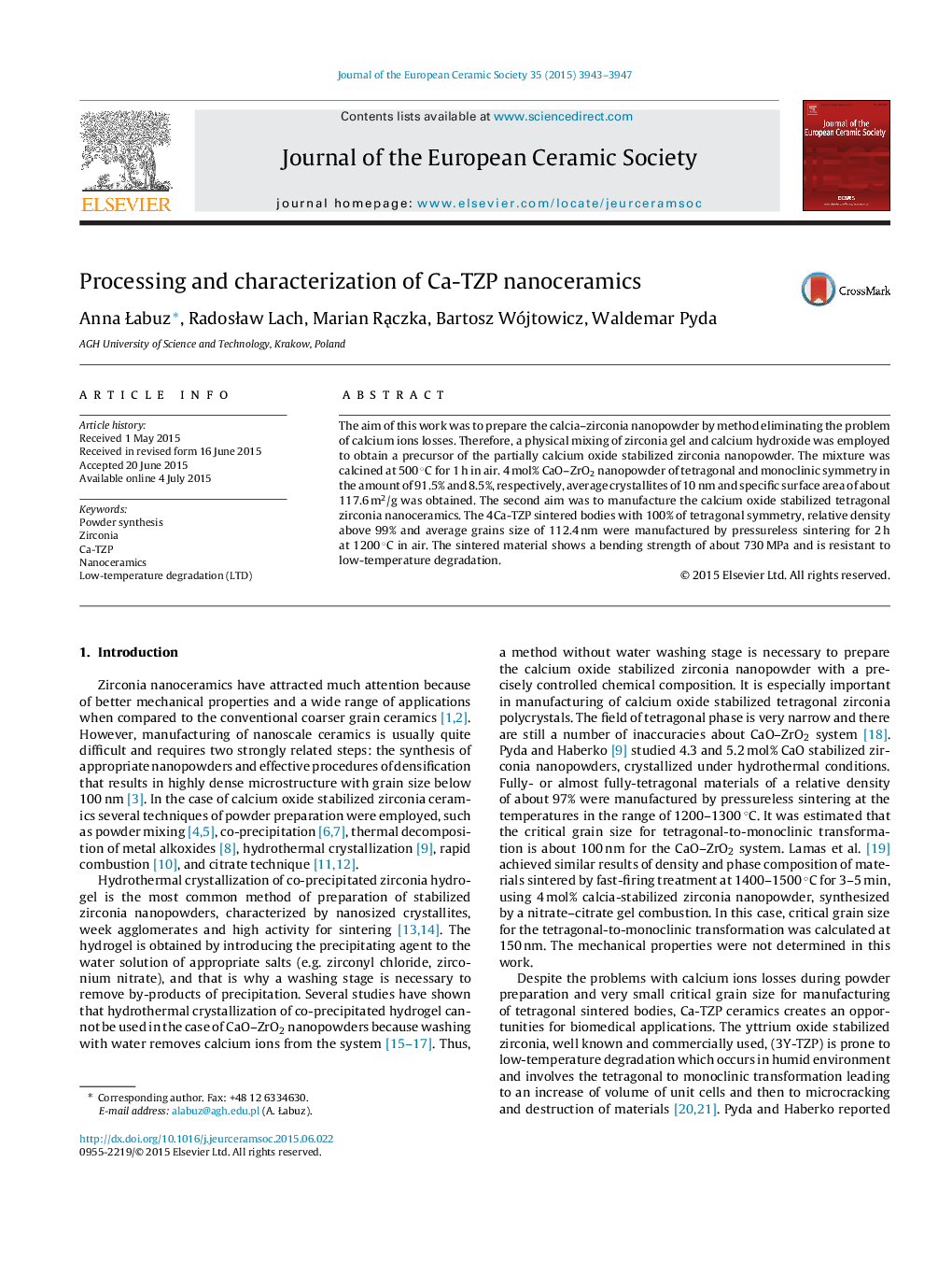 Processing and characterization of Ca-TZP nanoceramics