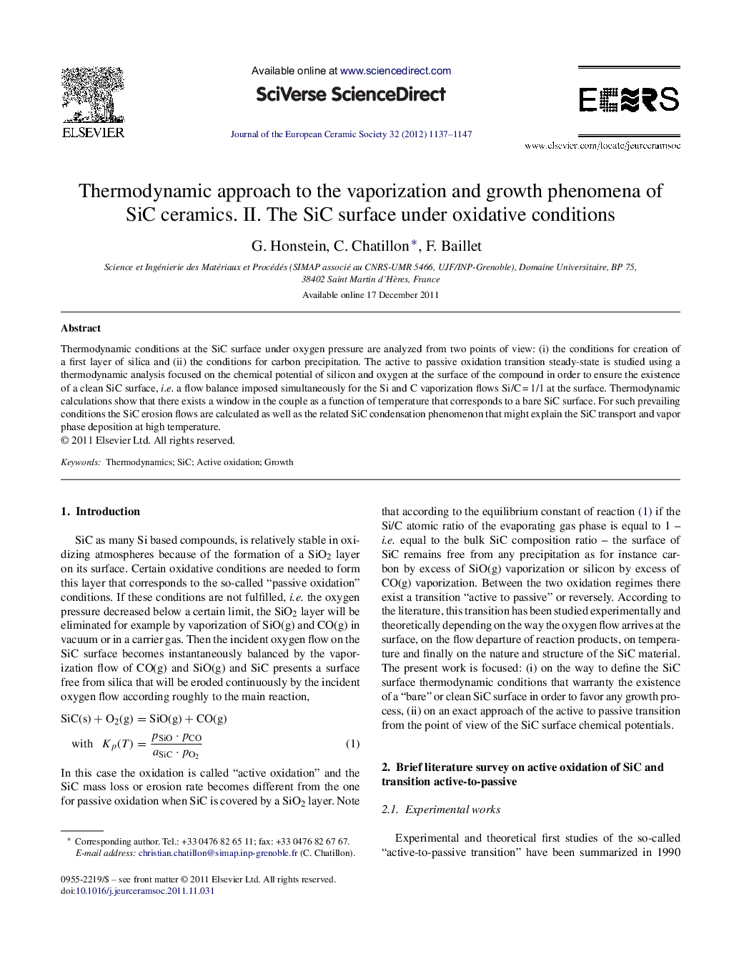 Thermodynamic approach to the vaporization and growth phenomena of SiC ceramics. II. The SiC surface under oxidative conditions