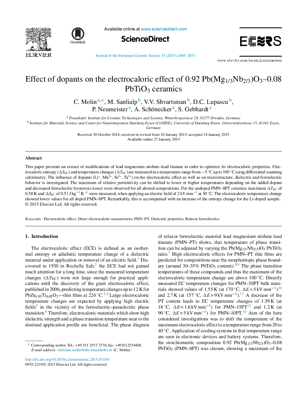 Effect of dopants on the electrocaloric effect of 0.92 Pb(Mg1/3Nb2/3)O3–0.08 PbTiO3 ceramics