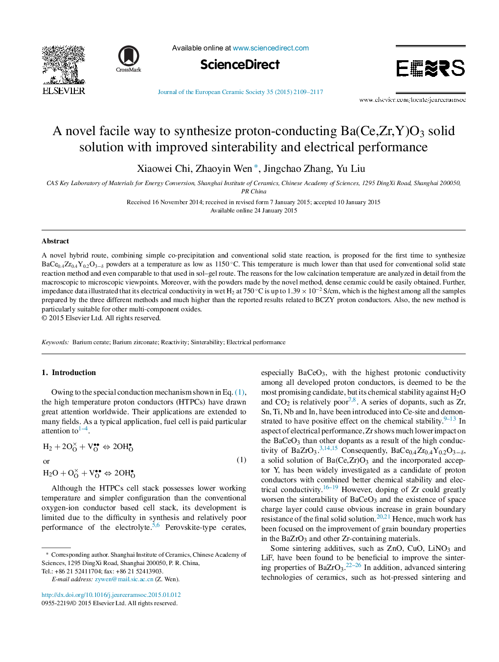 A novel facile way to synthesize proton-conducting Ba(Ce,Zr,Y)O3 solid solution with improved sinterability and electrical performance