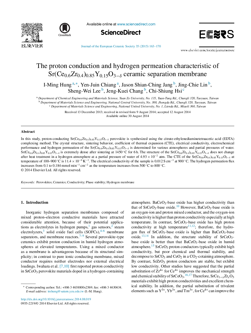 The proton conduction and hydrogen permeation characteristic of Sr(Ce0.6Zr0.4)0.85Y0.15O3−δ ceramic separation membrane