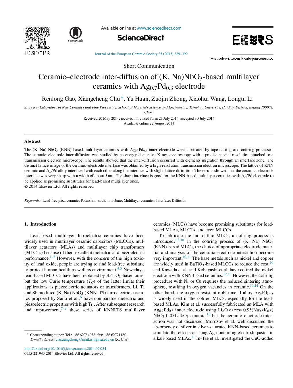 Ceramic–electrode inter-diffusion of (K, Na)NbO3-based multilayer ceramics with Ag0.7Pd0.3 electrode