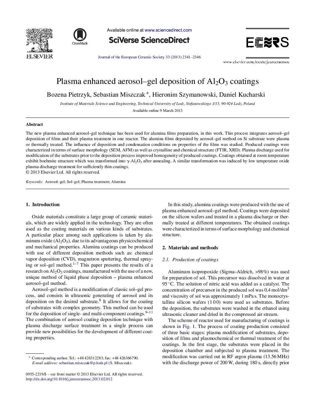 Plasma enhanced aerosol–gel deposition of Al2O3 coatings