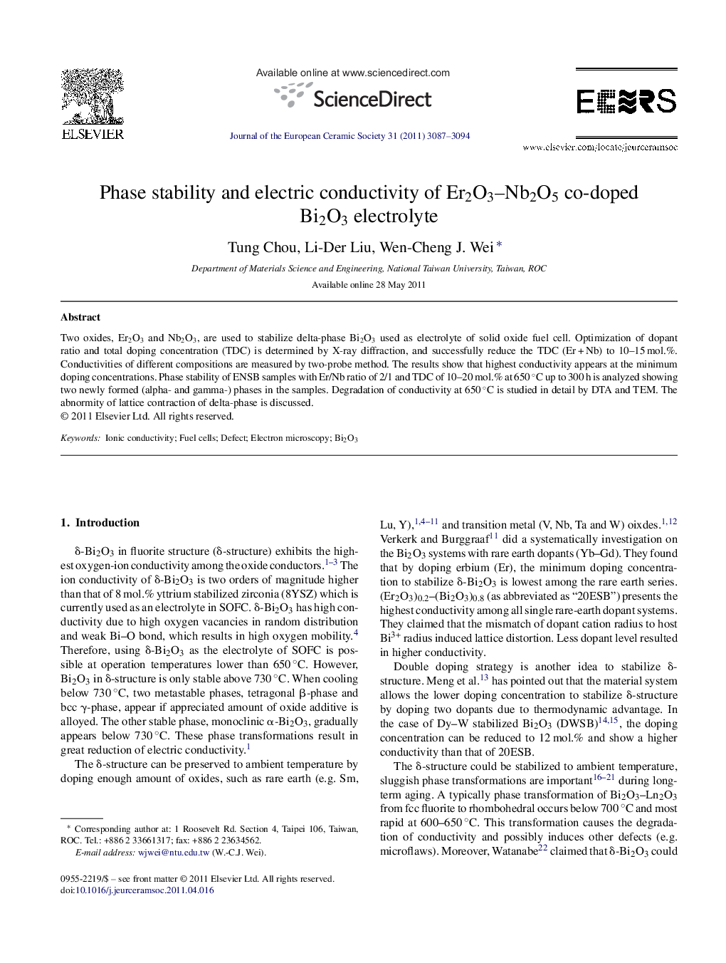 Phase stability and electric conductivity of Er2O3–Nb2O5 co-doped Bi2O3 electrolyte