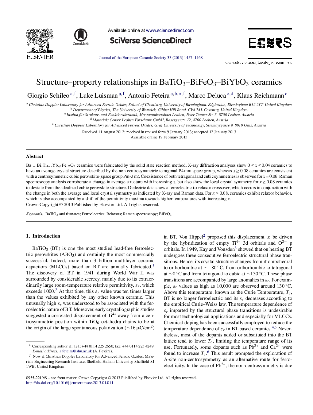 Structure–property relationships in BaTiO3–BiFeO3–BiYbO3 ceramics