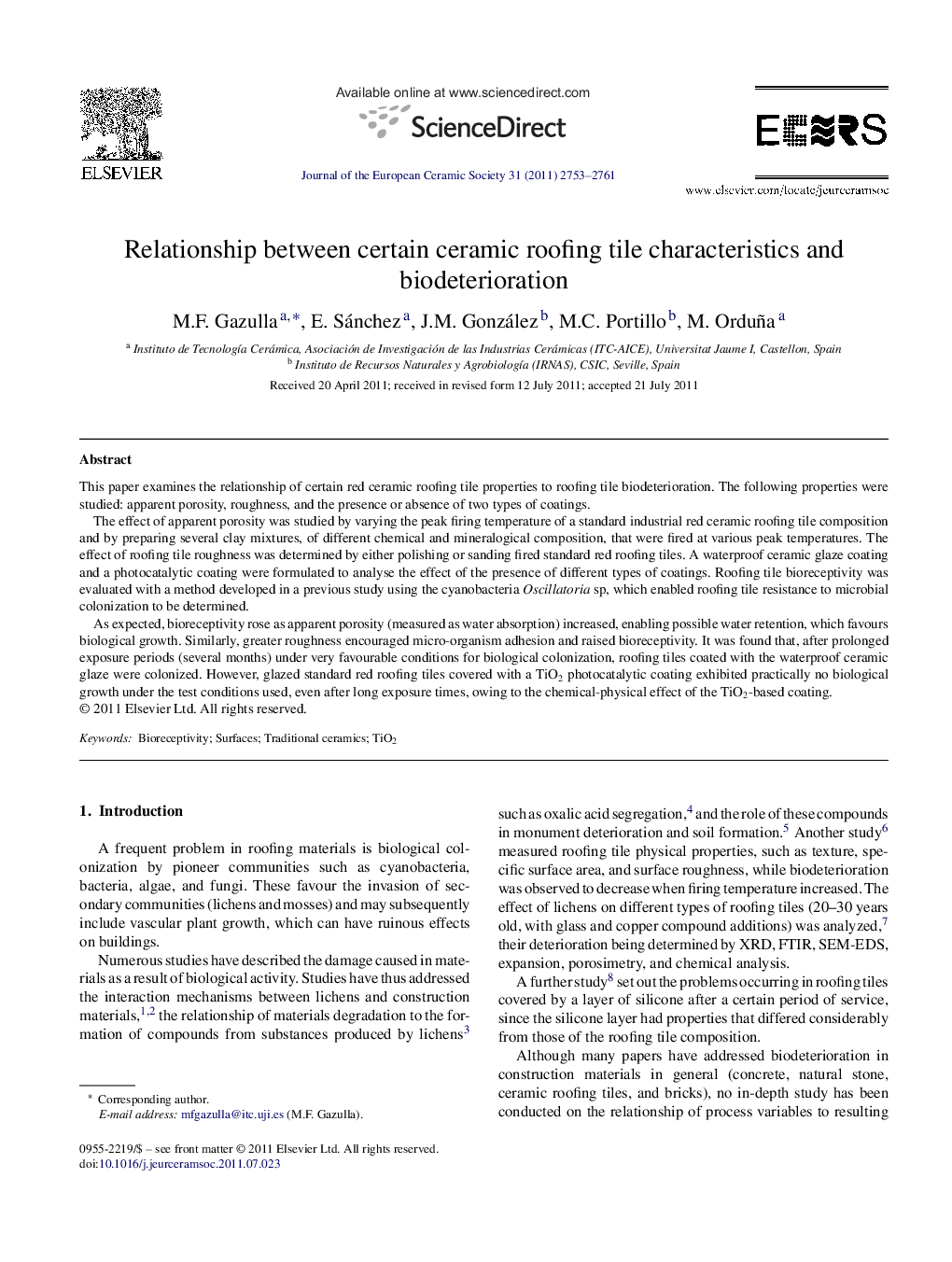 Relationship between certain ceramic roofing tile characteristics and biodeterioration