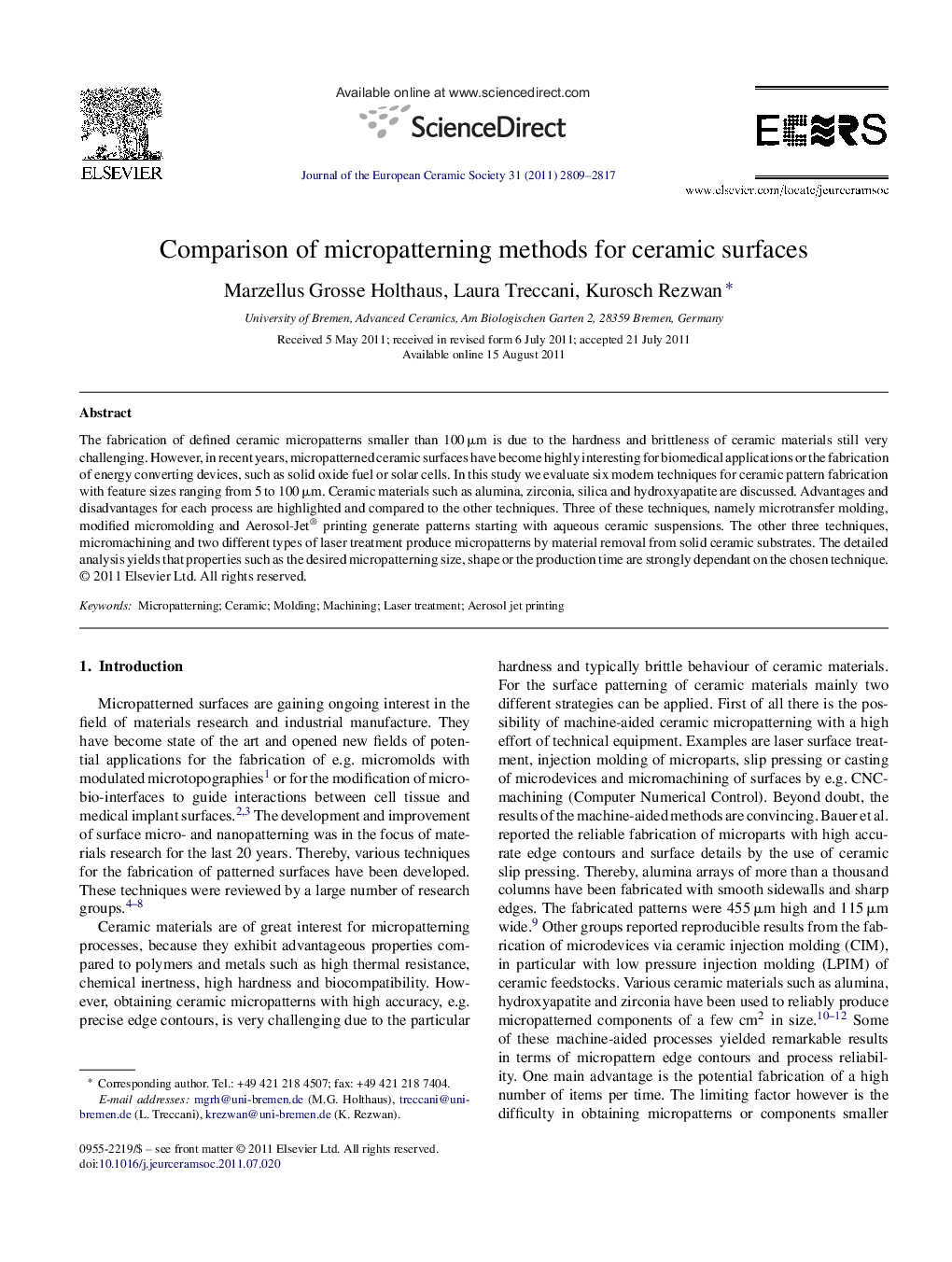 Comparison of micropatterning methods for ceramic surfaces