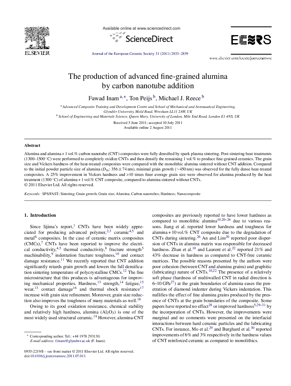 The production of advanced fine-grained alumina by carbon nanotube addition