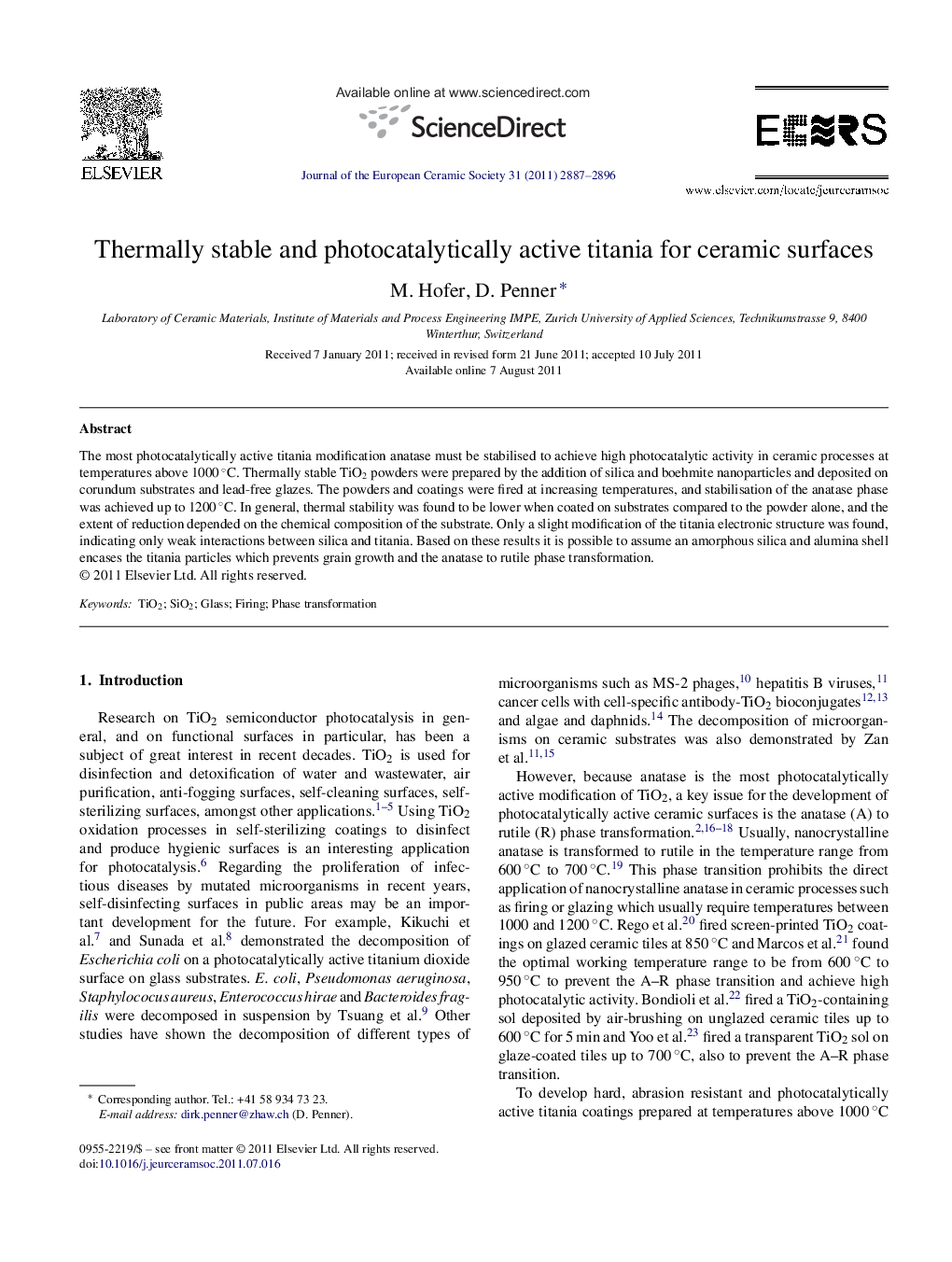 Thermally stable and photocatalytically active titania for ceramic surfaces