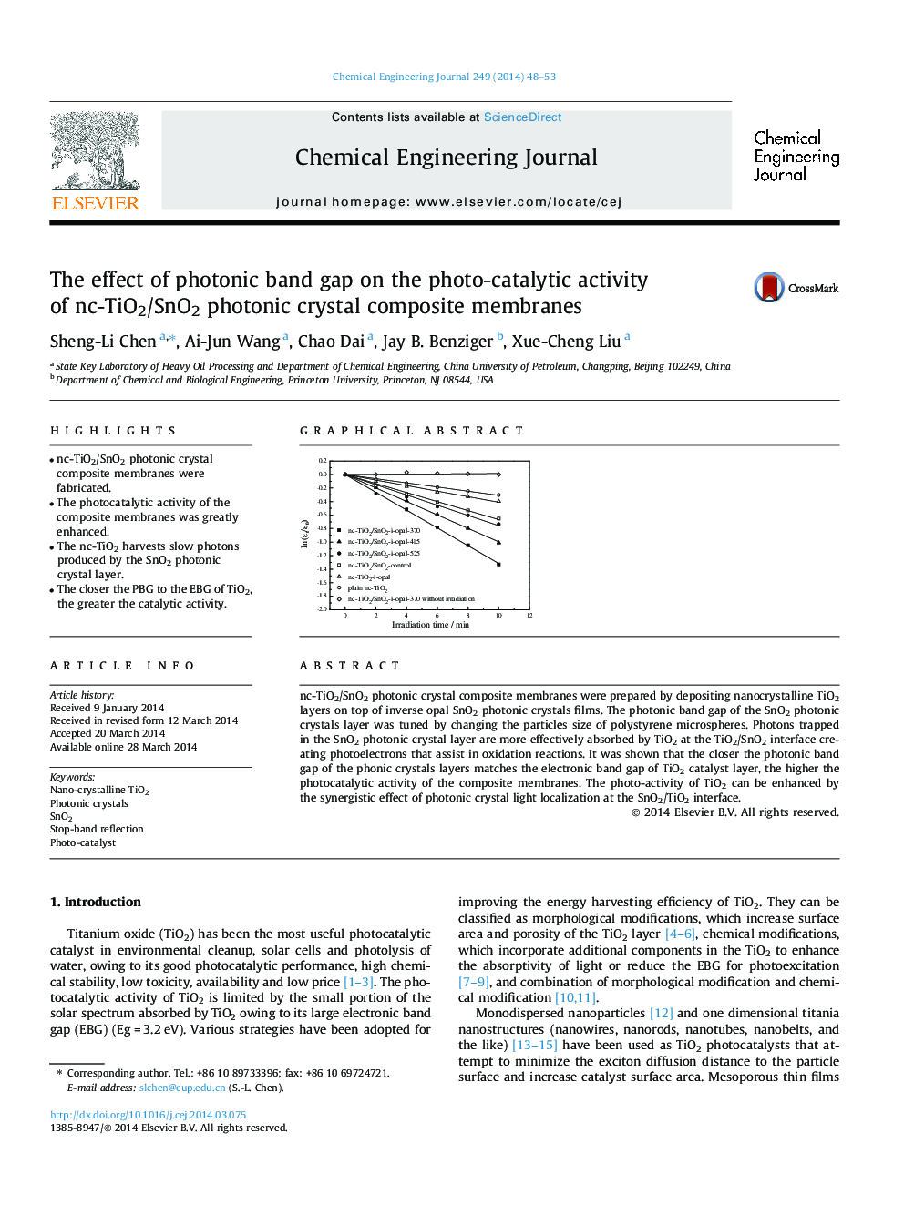 The effect of photonic band gap on the photo-catalytic activity of nc-TiO2/SnO2 photonic crystal composite membranes