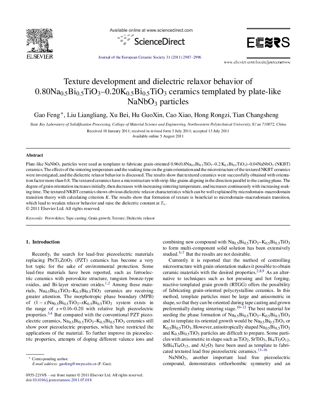 Texture development and dielectric relaxor behavior of 0.80Na0.5Bi0.5TiO3–0.20K0.5Bi0.5TiO3 ceramics templated by plate-like NaNbO3 particles