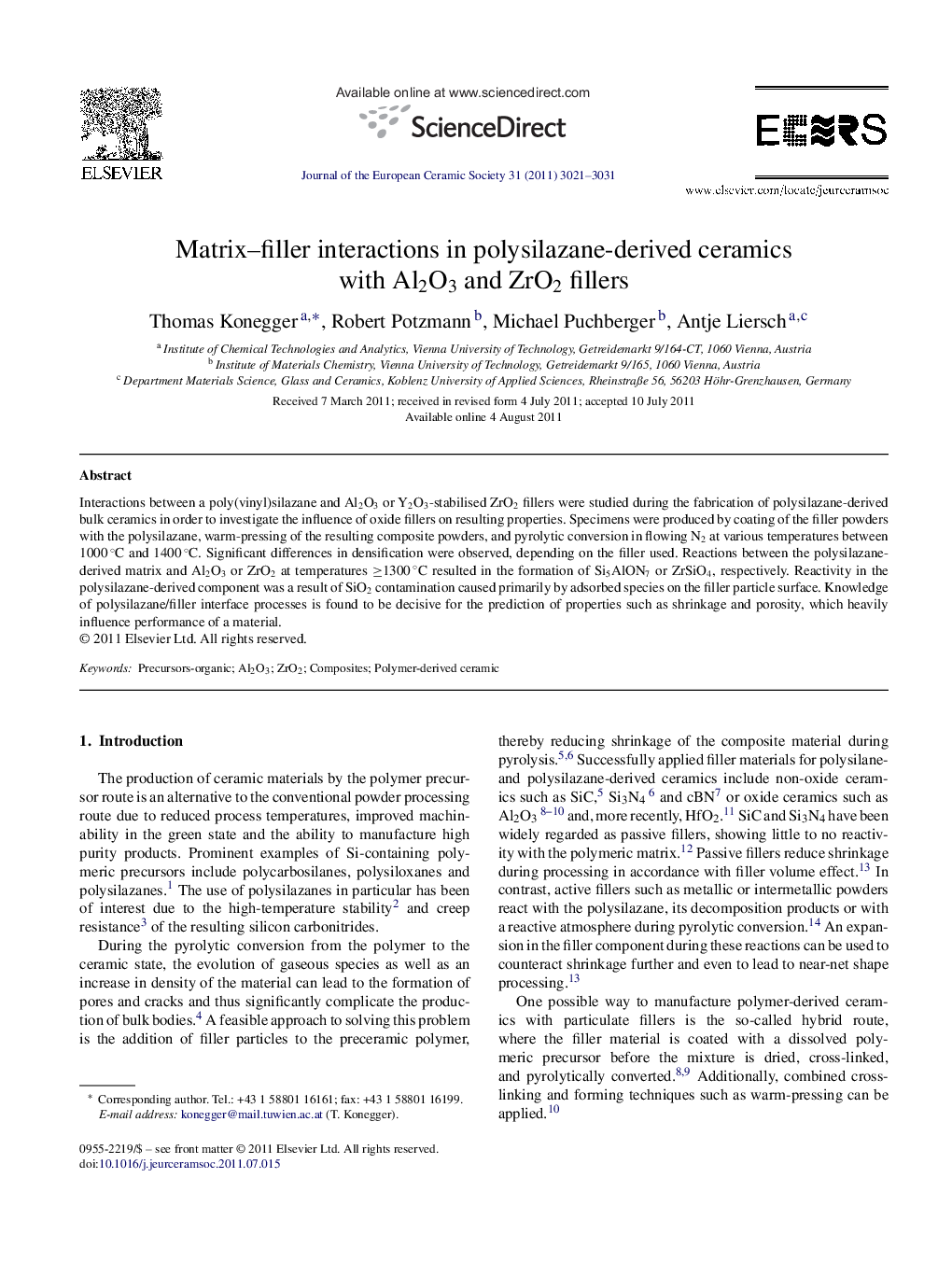 Matrix–filler interactions in polysilazane-derived ceramics with Al2O3 and ZrO2 fillers