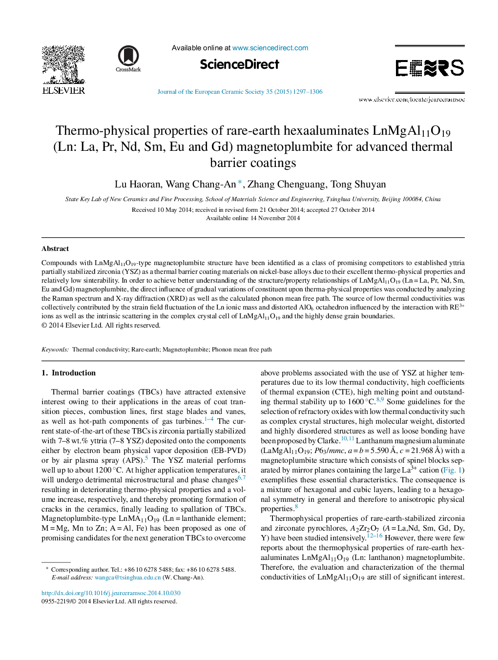 Thermo-physical properties of rare-earth hexaaluminates LnMgAl11O19 (Ln: La, Pr, Nd, Sm, Eu and Gd) magnetoplumbite for advanced thermal barrier coatings