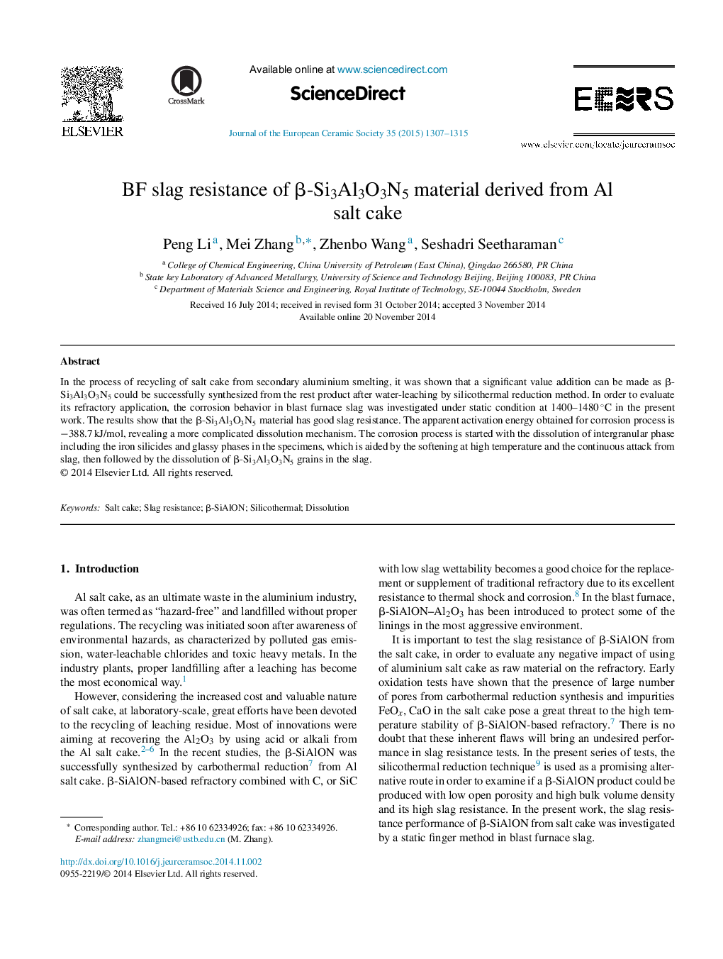 BF slag resistance of β-Si3Al3O3N5 material derived from Al salt cake