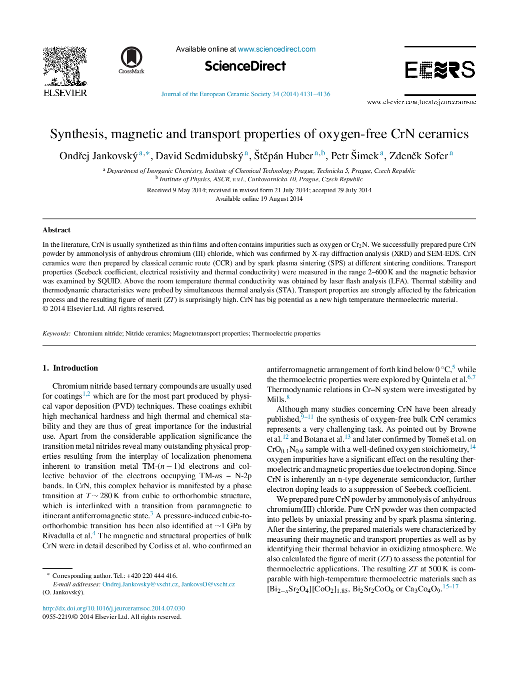 Synthesis, magnetic and transport properties of oxygen-free CrN ceramics