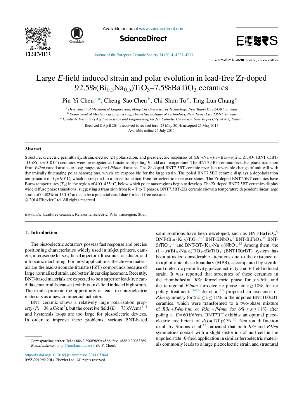 Large E-field induced strain and polar evolution in lead-free Zr-doped 92.5%(Bi0.5Na0.5)TiO3–7.5%BaTiO3 ceramics