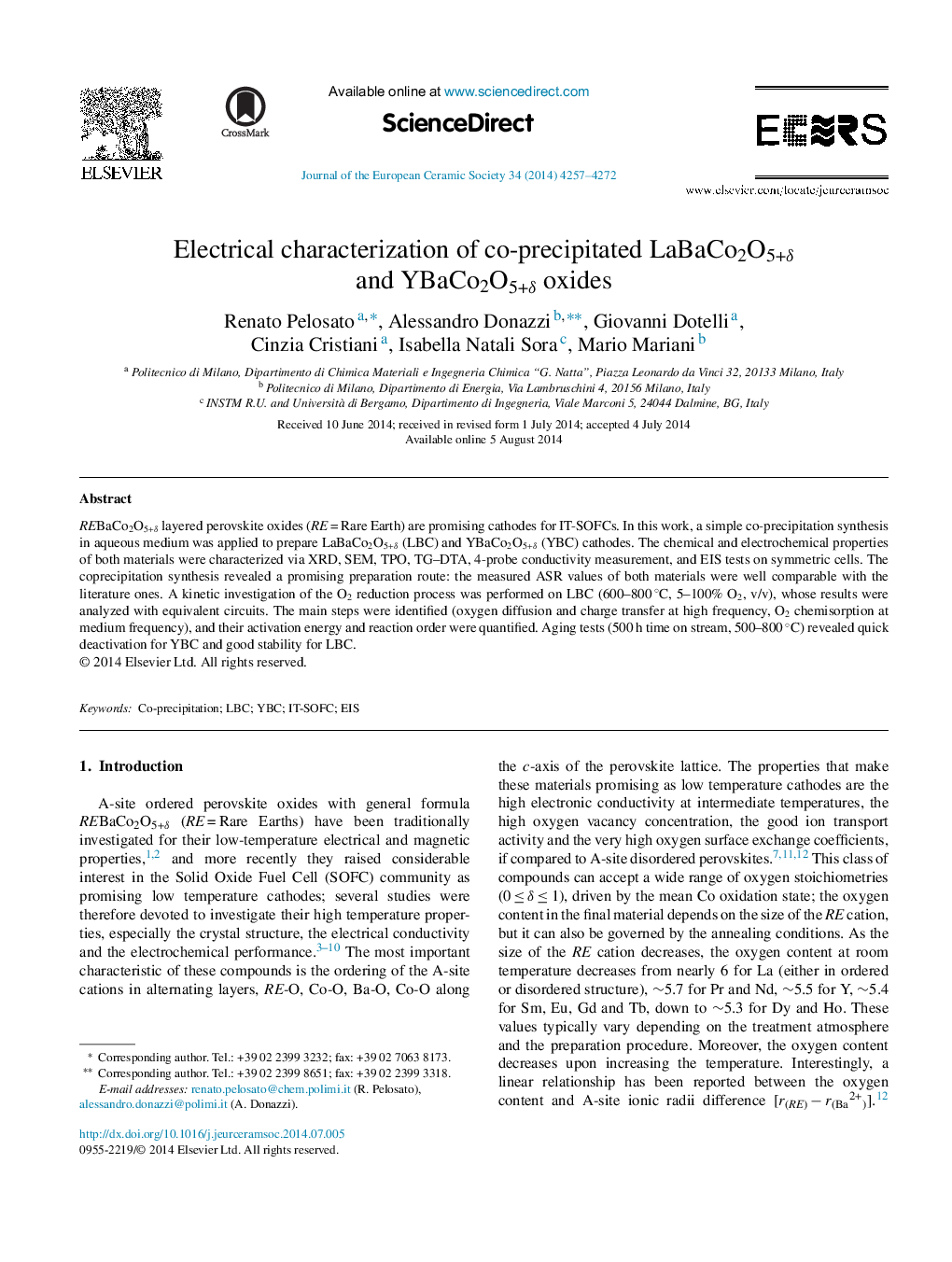 Electrical characterization of co-precipitated LaBaCo2O5+δ and YBaCo2O5+δ oxides