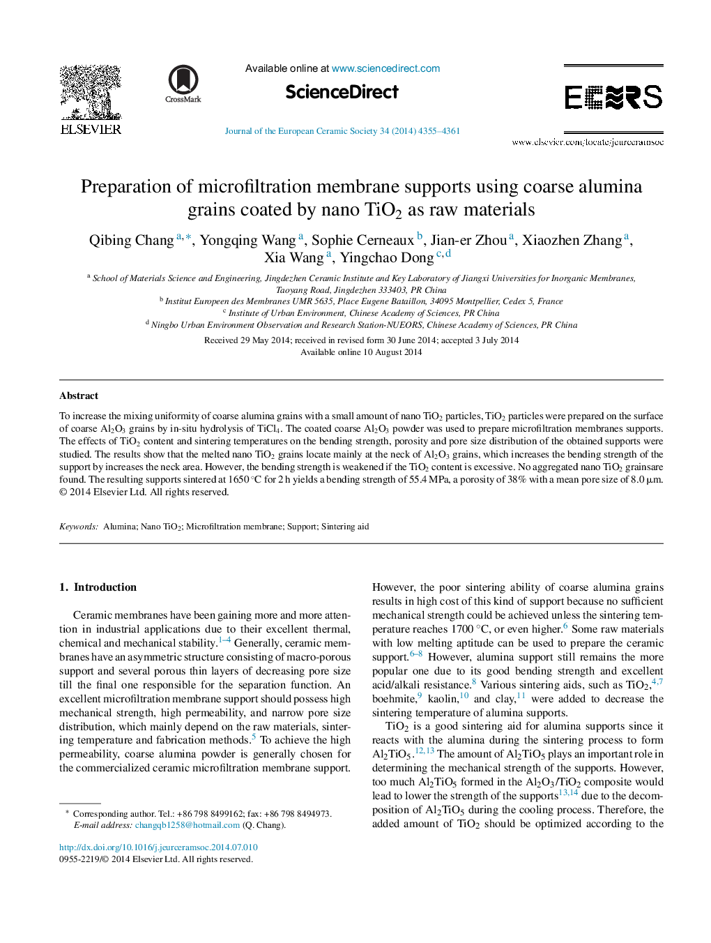 Preparation of microfiltration membrane supports using coarse alumina grains coated by nano TiO2 as raw materials