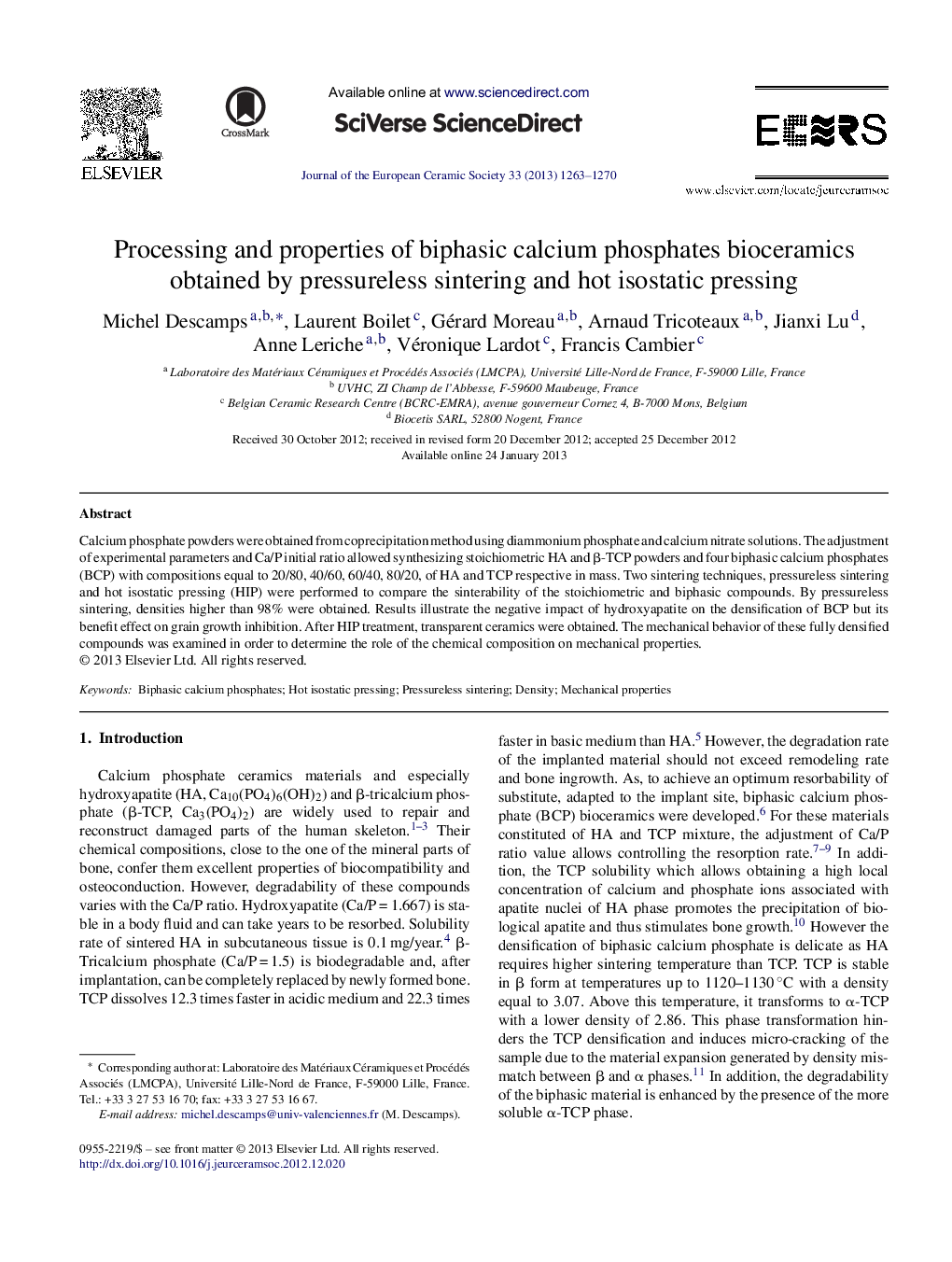 Processing and properties of biphasic calcium phosphates bioceramics obtained by pressureless sintering and hot isostatic pressing