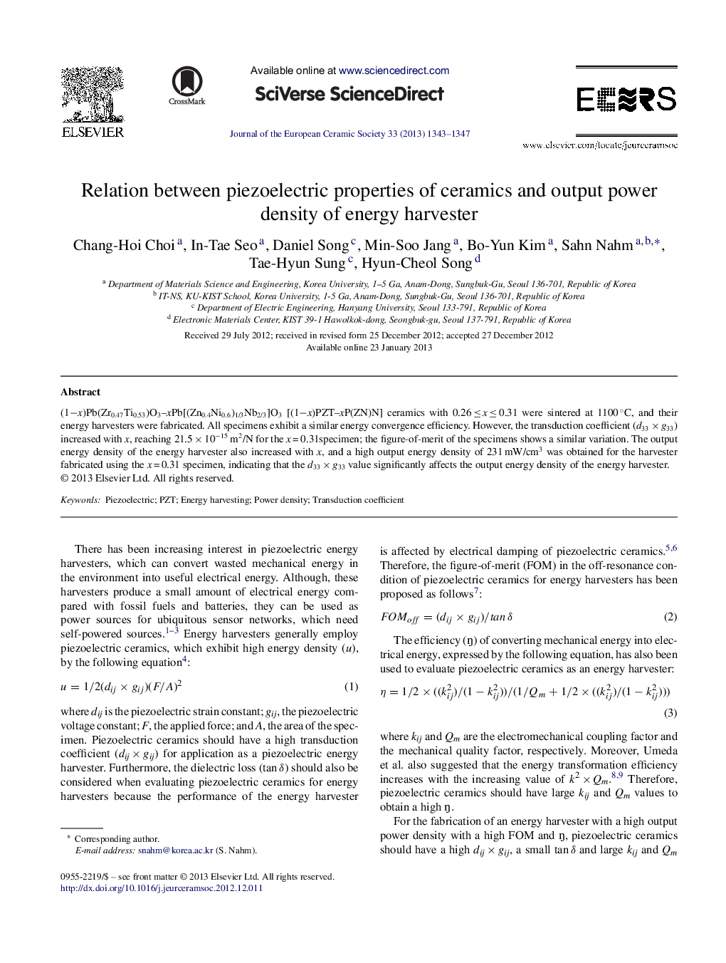 Relation between piezoelectric properties of ceramics and output power density of energy harvester