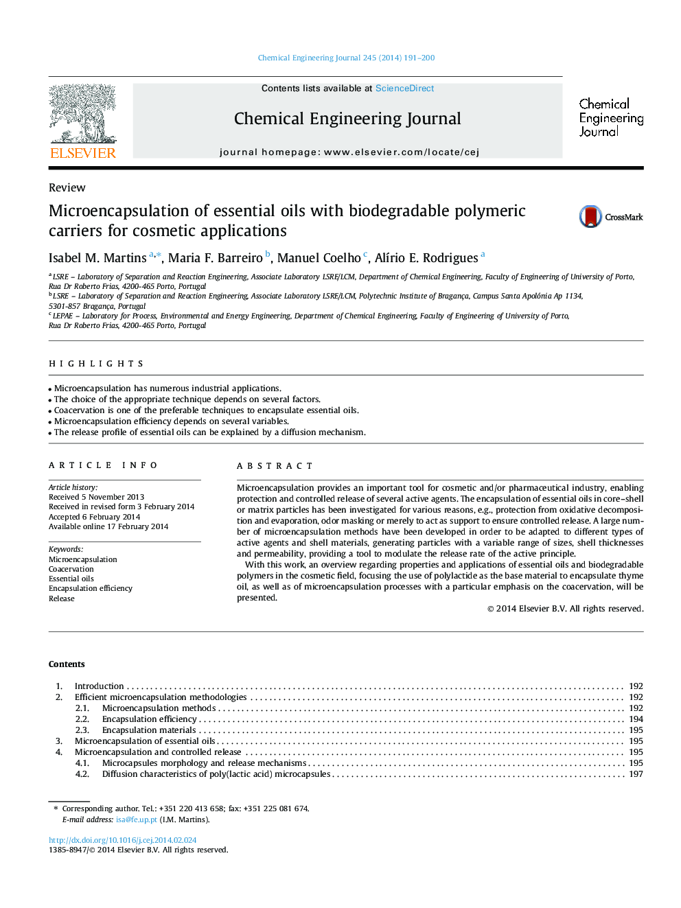 Microencapsulation of essential oils with biodegradable polymeric carriers for cosmetic applications