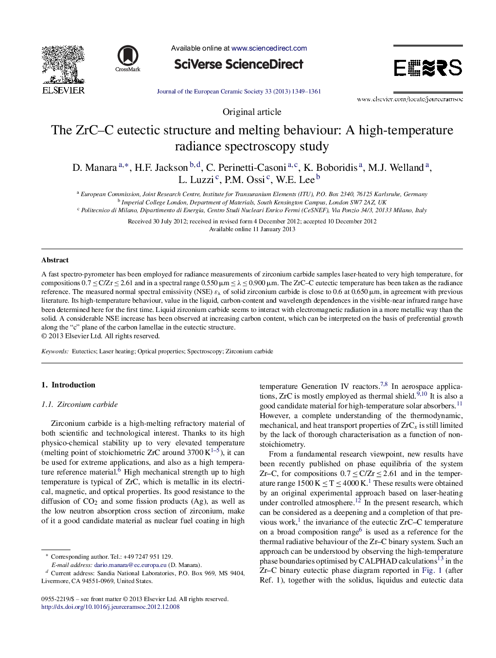 The ZrC–C eutectic structure and melting behaviour: A high-temperature radiance spectroscopy study