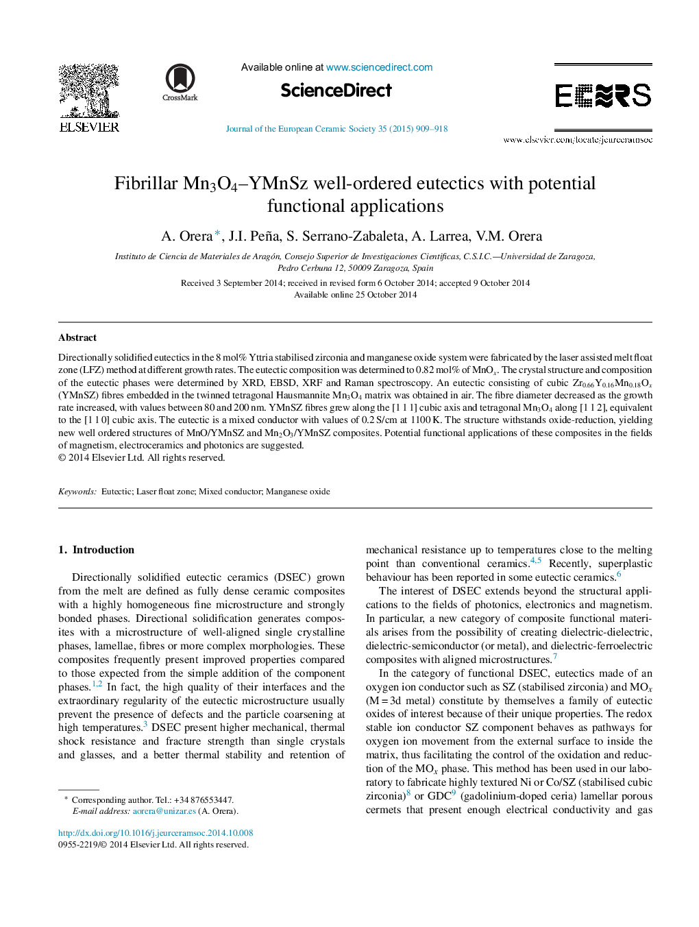 Fibrillar Mn3O4–YMnSz well-ordered eutectics with potential functional applications