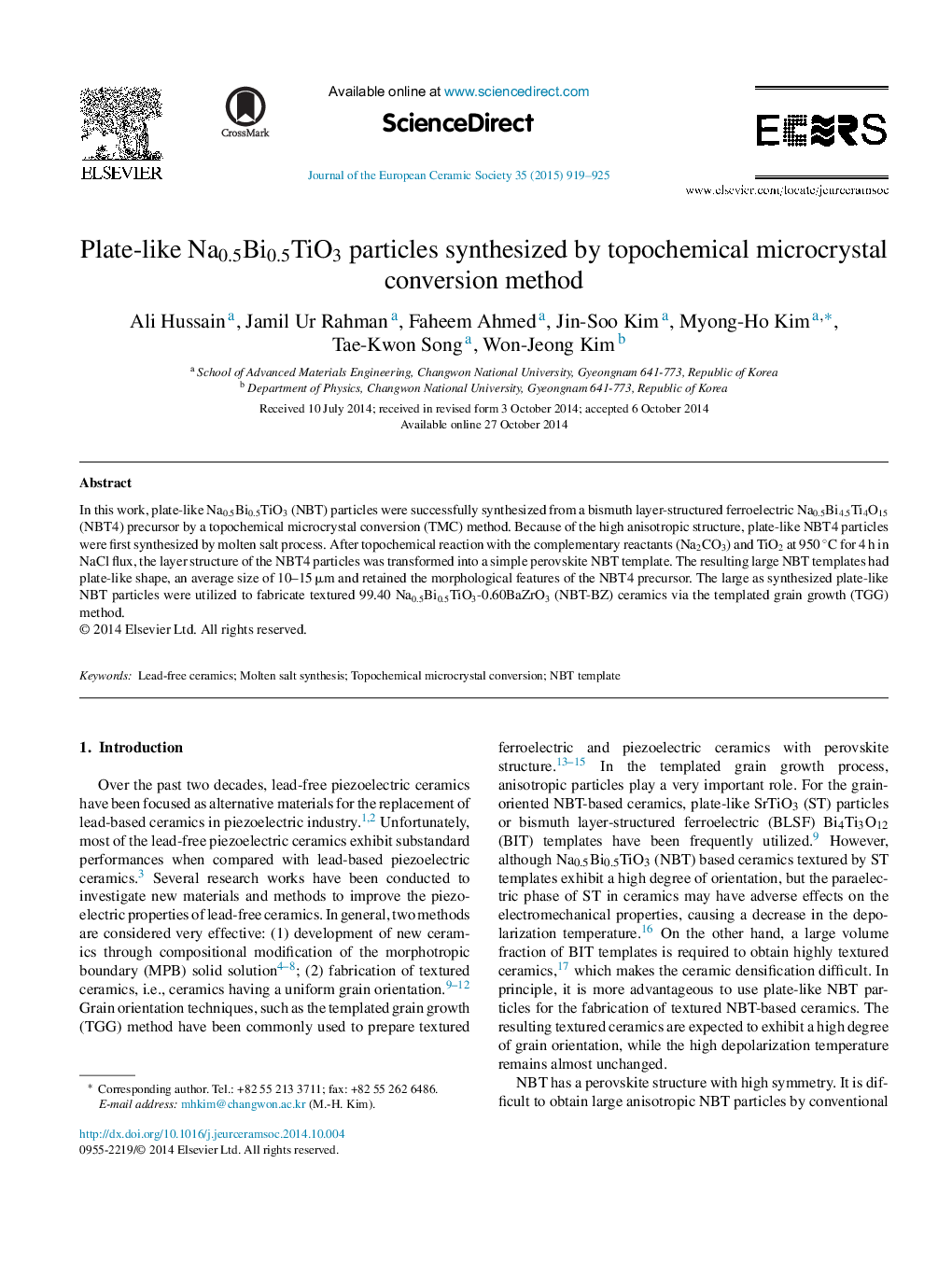 Plate-like Na0.5Bi0.5TiO3 particles synthesized by topochemical microcrystal conversion method