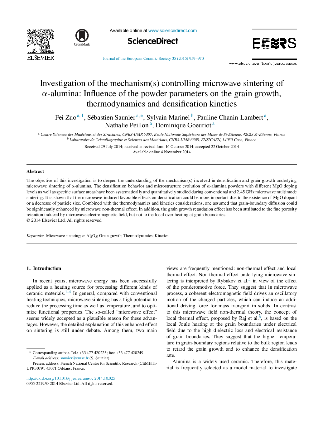 Investigation of the mechanism(s) controlling microwave sintering of α-alumina: Influence of the powder parameters on the grain growth, thermodynamics and densification kinetics