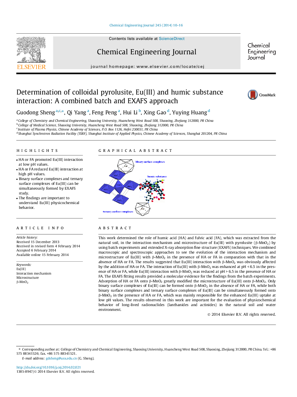 Determination of colloidal pyrolusite, Eu(III) and humic substance interaction: A combined batch and EXAFS approach