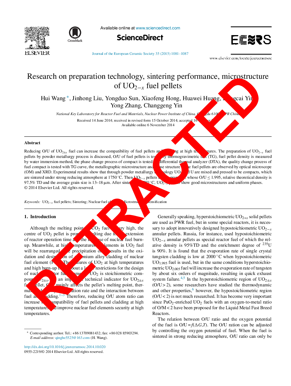 RETRACTED: Research on preparation technology, sintering performance, microstructure of UO2−x fuel pellets
