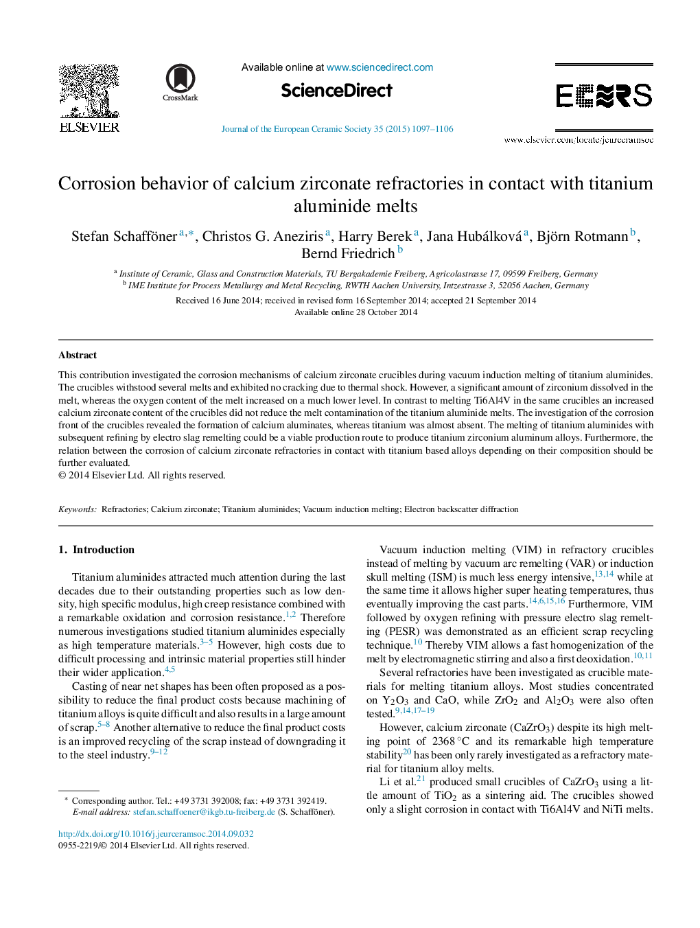 Corrosion behavior of calcium zirconate refractories in contact with titanium aluminide melts