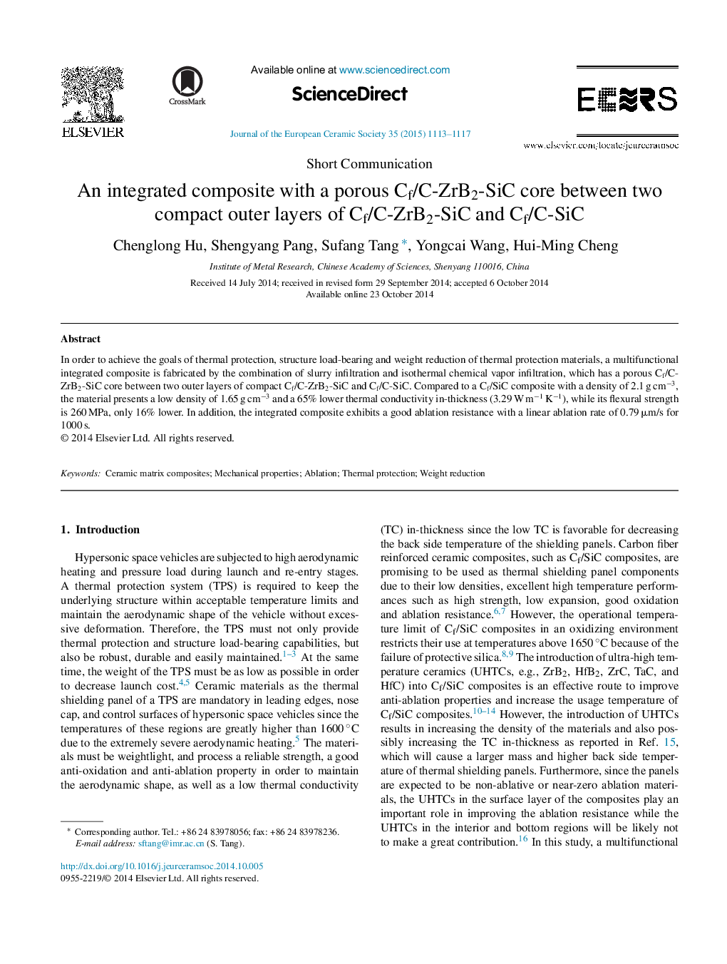 An integrated composite with a porous Cf/C-ZrB2-SiC core between two compact outer layers of Cf/C-ZrB2-SiC and Cf/C-SiC