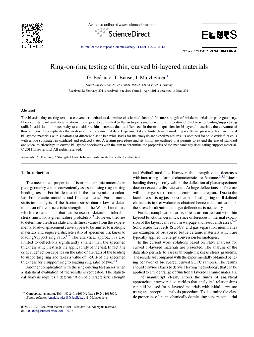 Ring-on-ring testing of thin, curved bi-layered materials