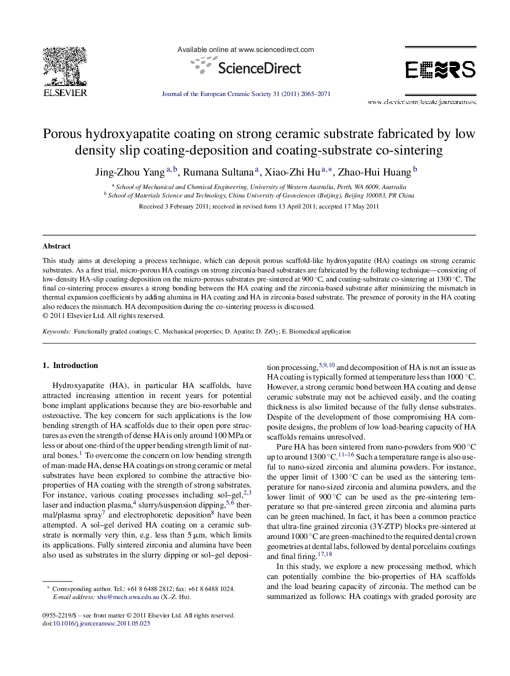 Porous hydroxyapatite coating on strong ceramic substrate fabricated by low density slip coating-deposition and coating-substrate co-sintering