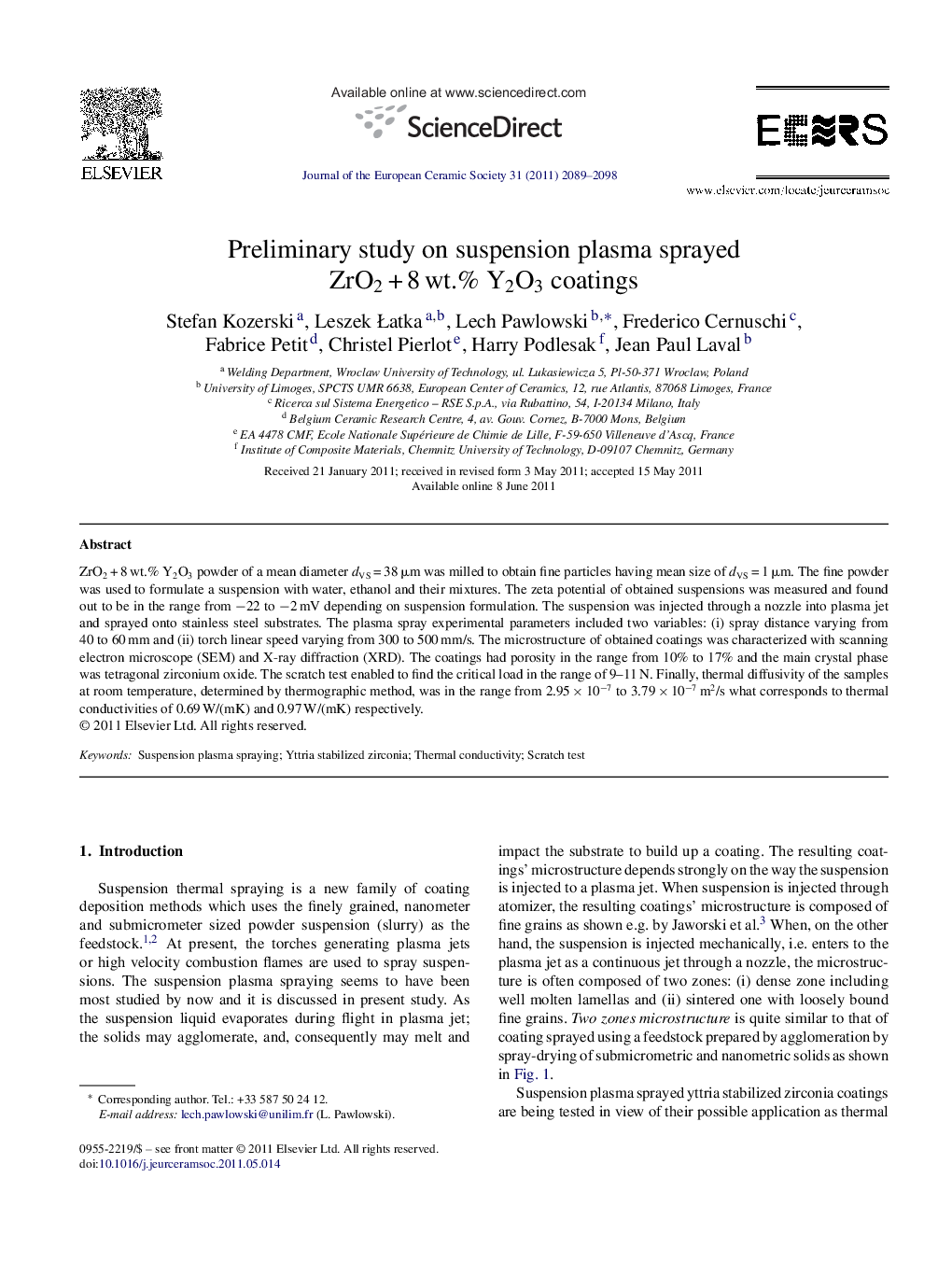 Preliminary study on suspension plasma sprayed ZrO2 + 8 wt.% Y2O3 coatings