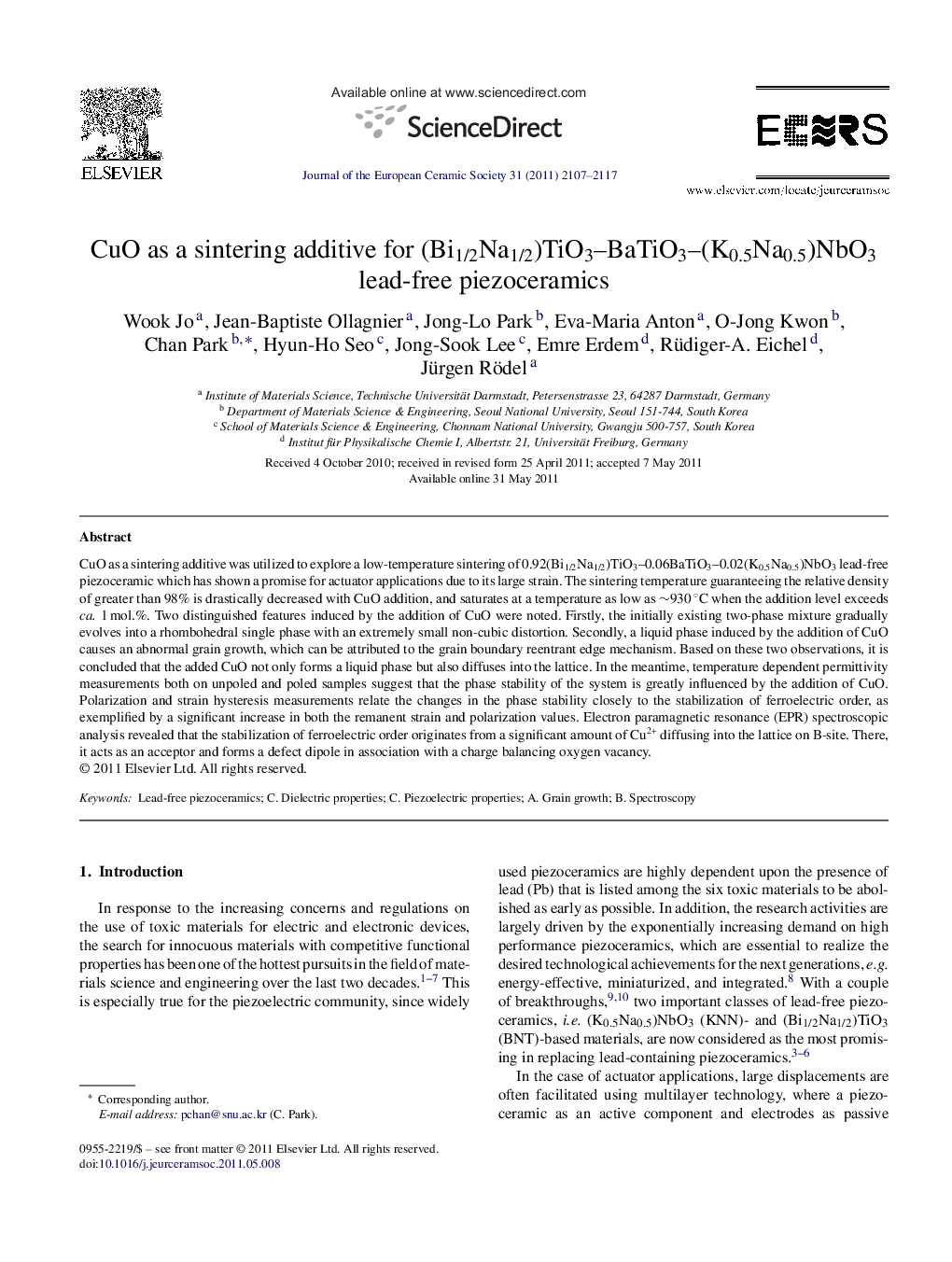 CuO as a sintering additive for (Bi1/2Na1/2)TiO3–BaTiO3–(K0.5Na0.5)NbO3 lead-free piezoceramics