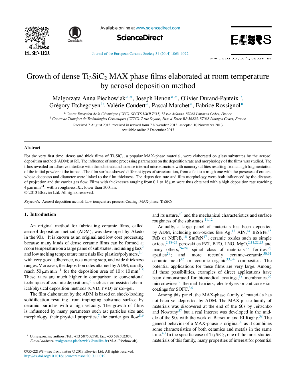 Growth of dense Ti3SiC2 MAX phase films elaborated at room temperature by aerosol deposition method