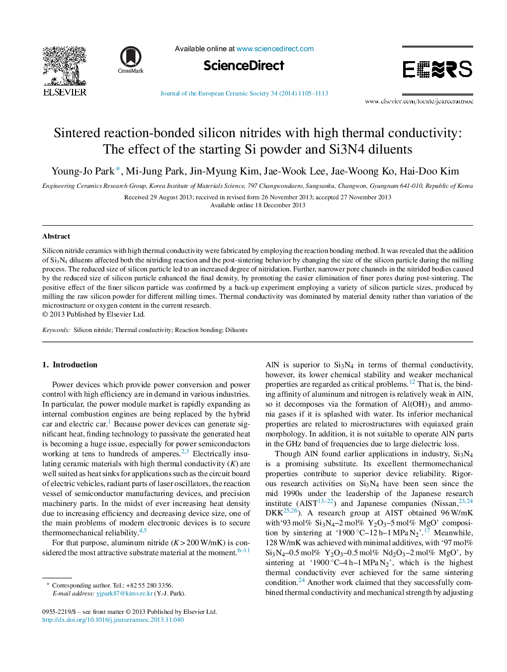 Sintered reaction-bonded silicon nitrides with high thermal conductivity: The effect of the starting Si powder and Si3N4 diluents